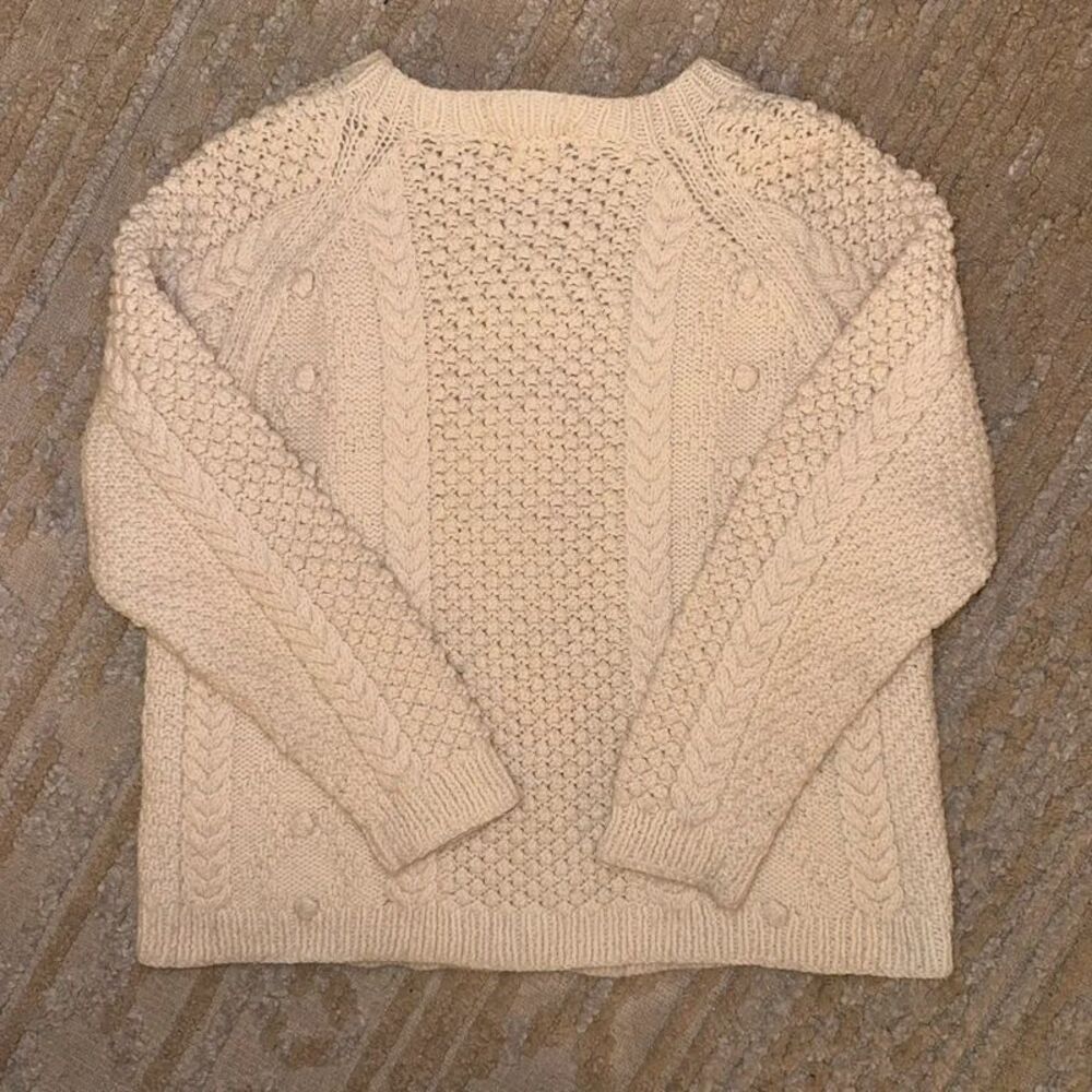 Vintage Hand Knit Wool Blend Cream Cable Knit Cardigan Sweater - Picture 7 of 7